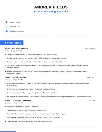 Product Marketing Specialist Resume