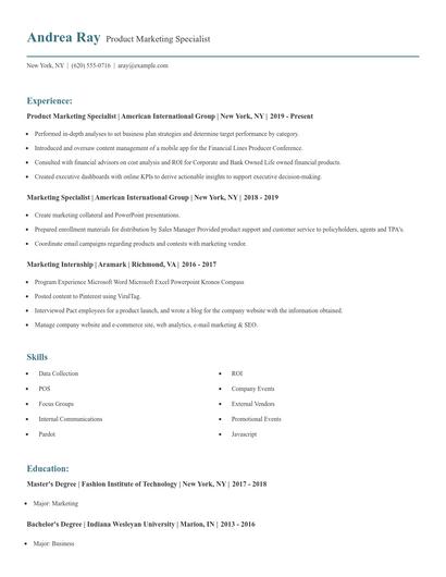 Product Marketing Specialist Resume