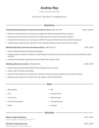 Product Marketing Specialist Resume