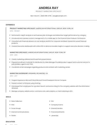 Product Marketing Specialist Resume
