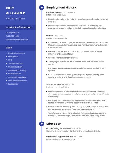 Product Planner Resume