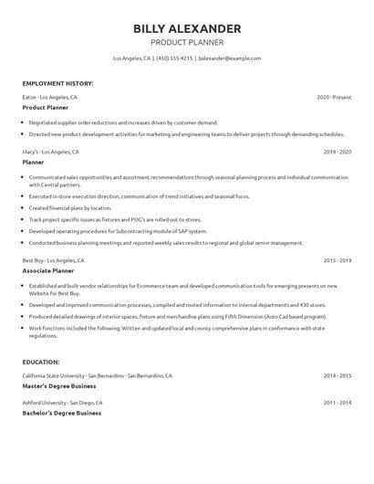 Product Planner Resume