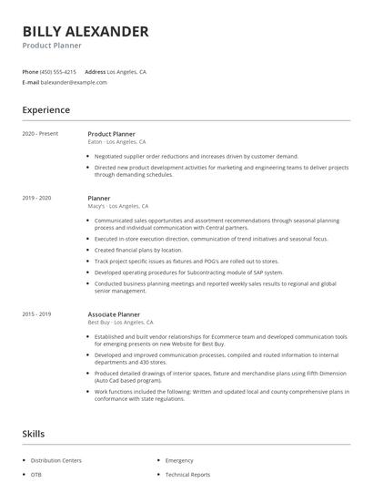 Product Planner Resume