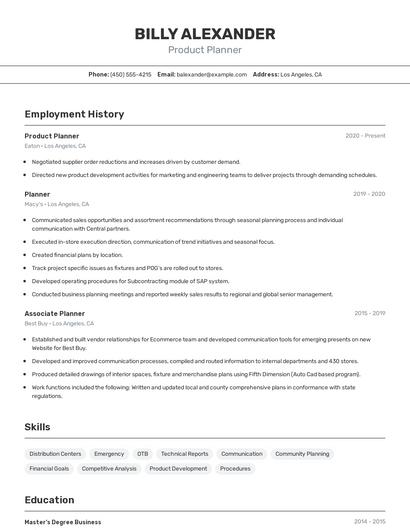 Product Planner Resume