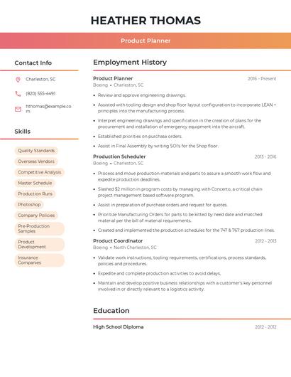 Product Planner Resume