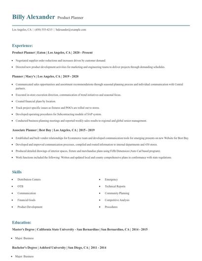 Product Planner Resume