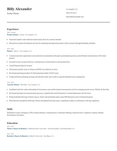 Product Planner Resume