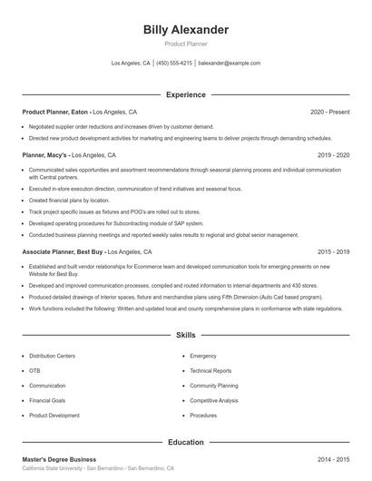 Product Planner Resume