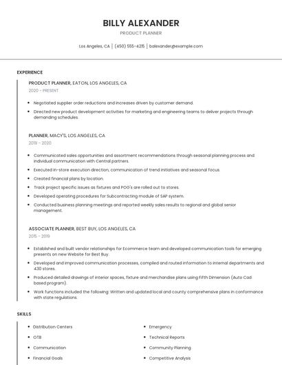 Product Planner Resume