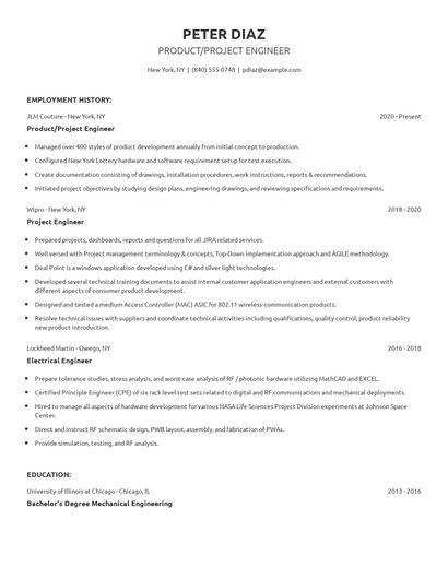 Product/Project Engineer Resume