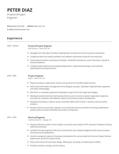 Product/Project Engineer Resume