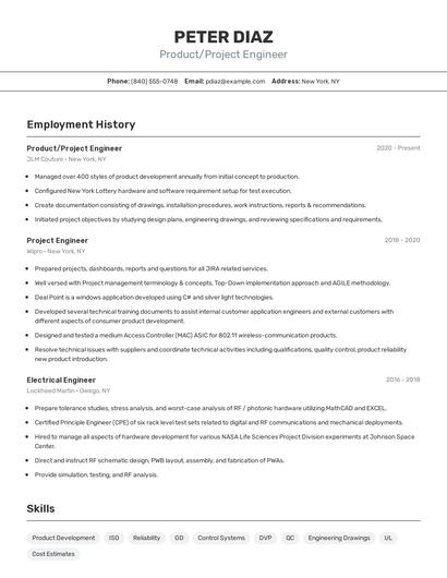 Product/Project Engineer Resume