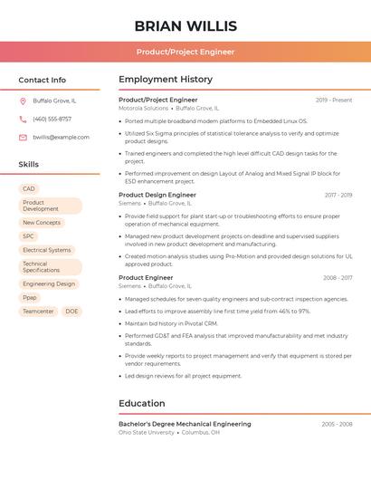 Product/Project Engineer Resume