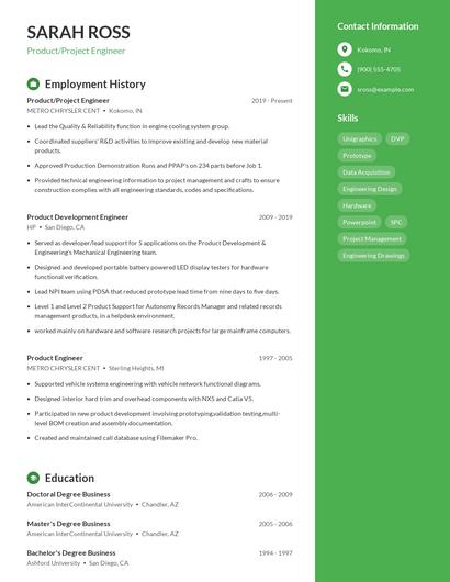 Product/Project Engineer Resume