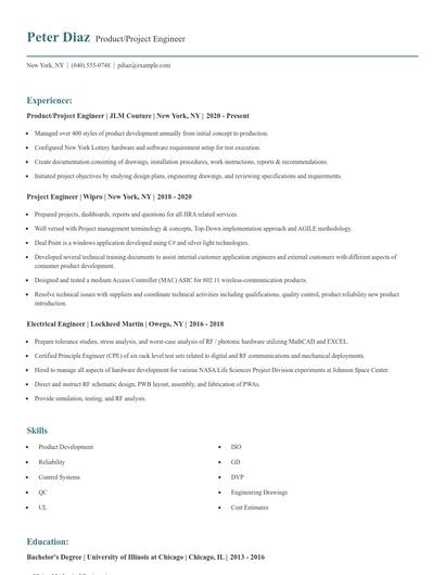 Product/Project Engineer Resume