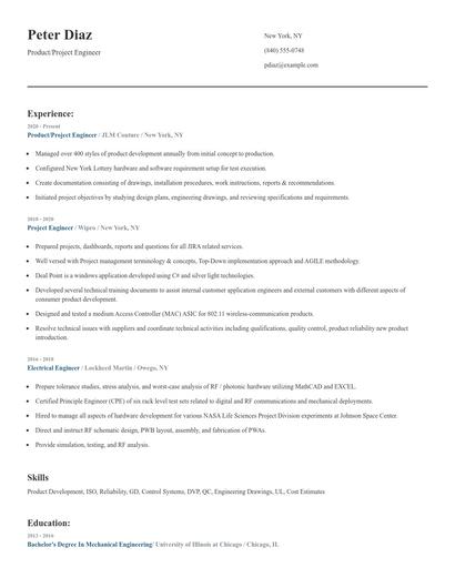 Product/Project Engineer Resume