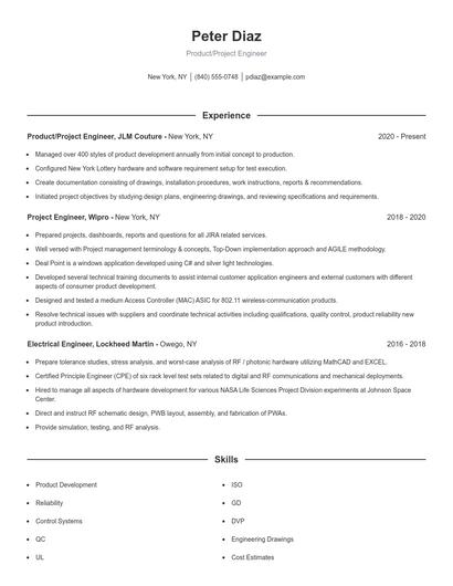 Product/Project Engineer Resume