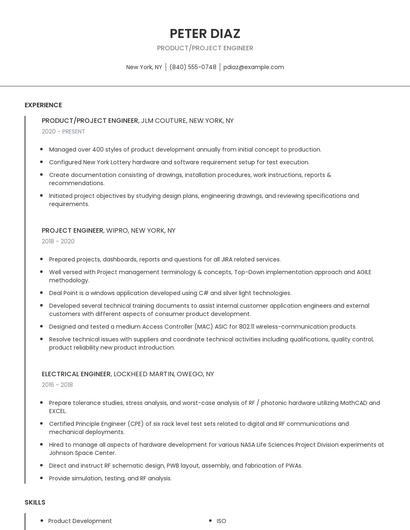 Product/Project Engineer Resume