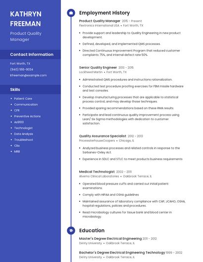 Product Quality Manager Resume