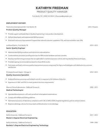 Product Quality Manager Resume