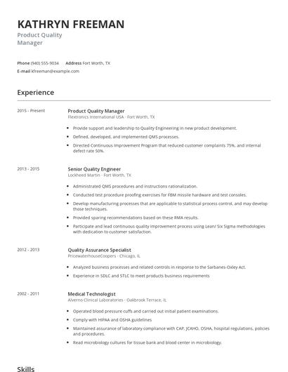 Product Quality Manager Resume