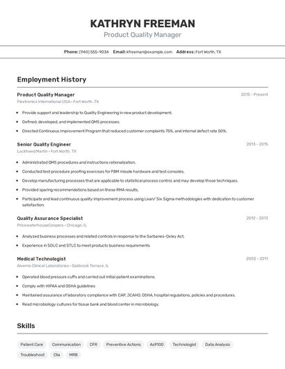 Product Quality Manager Resume