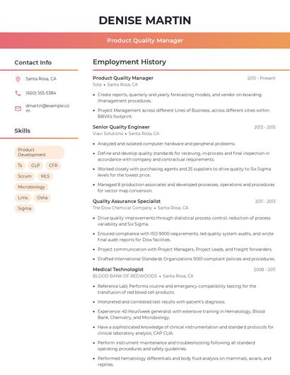Product Quality Manager Resume