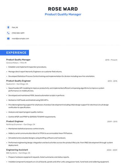 Product Quality Manager Resume