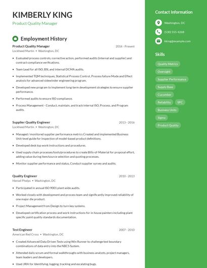 Product Quality Manager Resume
