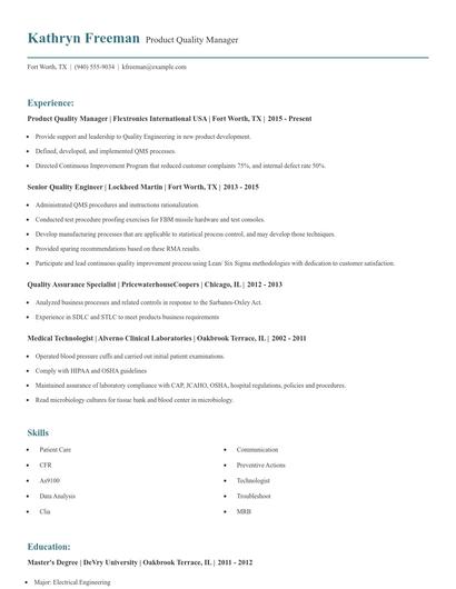 Product Quality Manager Resume