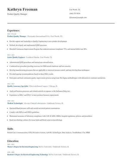 Product Quality Manager Resume