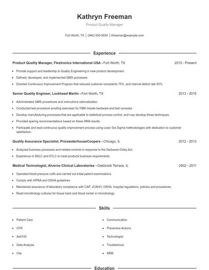 Product Quality Manager Resume
