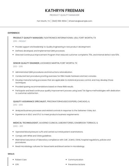 Product Quality Manager Resume