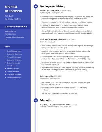 Product Representative Resume