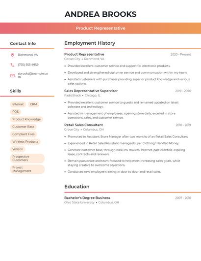 Product Representative Resume