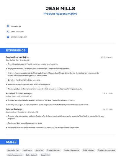 Product Representative Resume