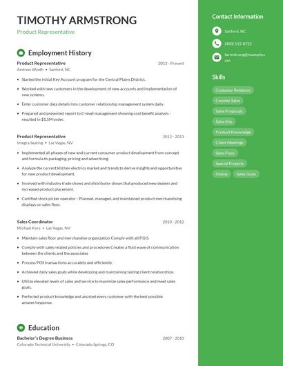 Product Representative Resume