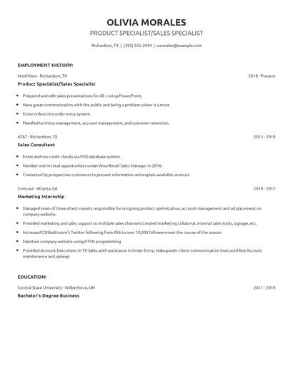 Product Specialist/Sales Specialist Resume