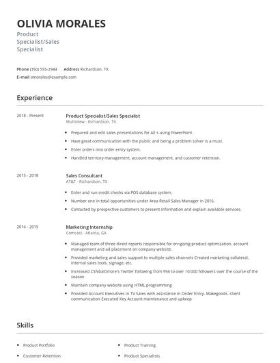 Product Specialist/Sales Specialist Resume