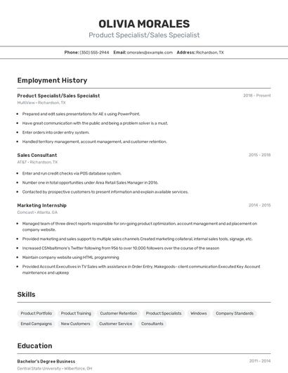 Product Specialist/Sales Specialist Resume
