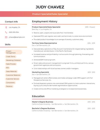 Product Specialist/Sales Specialist Resume