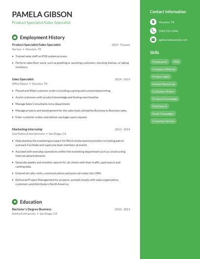 Product Specialist/Sales Specialist Resume