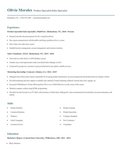 Product Specialist/Sales Specialist Resume