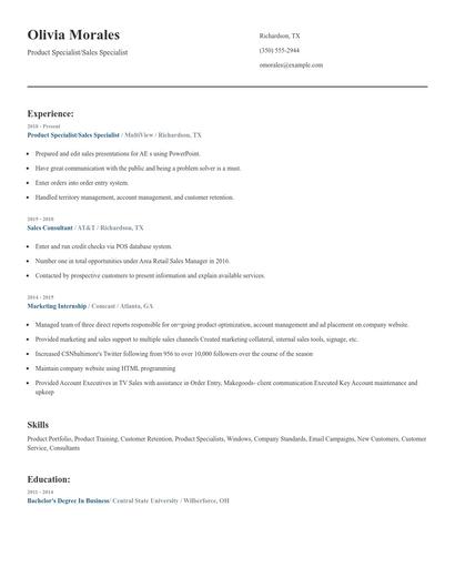 Product Specialist/Sales Specialist Resume