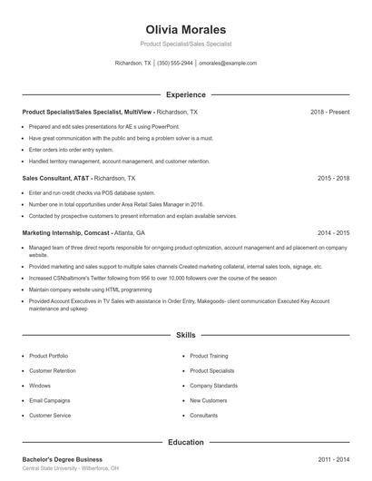 Product Specialist/Sales Specialist Resume