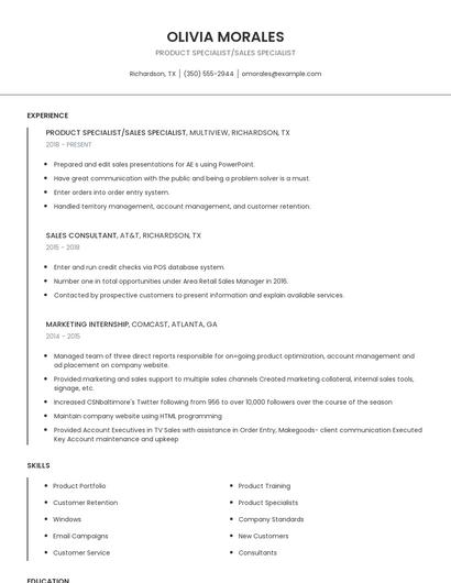 Product Specialist/Sales Specialist Resume