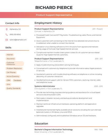 Product Support Representative Resume