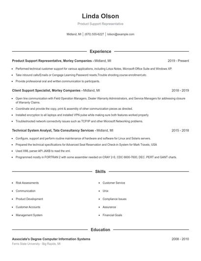 Product Support Representative Resume