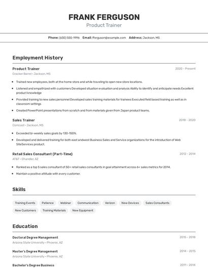 Product Trainer Resume