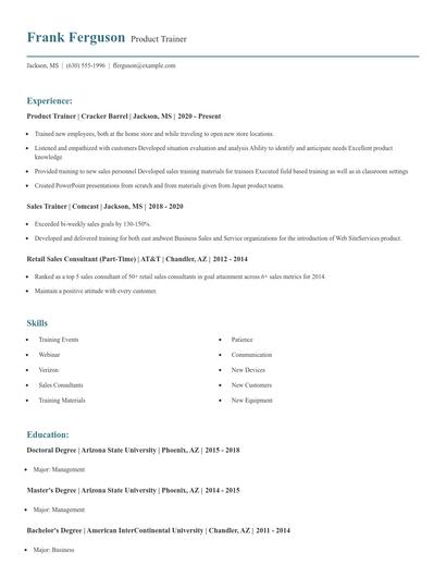 Product Trainer Resume